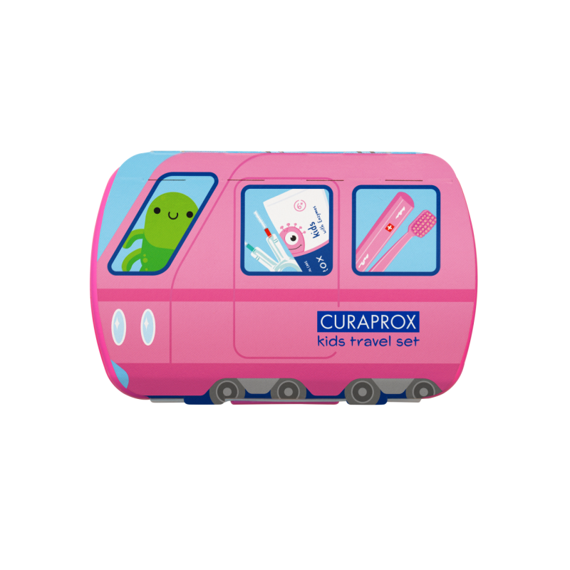 Curaprox Kids TravelSet Utazó készlet pink (fogkefe fogközkefe fogkrém matrica)