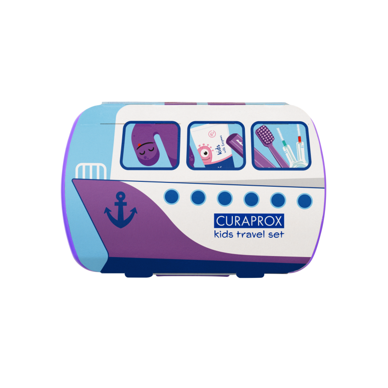 Curaprox Kids TravelSet Utazó készlet lila (fogkefe fogközkefe fogkrém matrica)