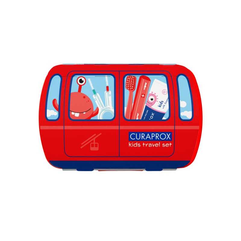 Curaprox Kids TravelSet Utazó készlet piros (fogkefe fogközkefe fogkrém matrica)