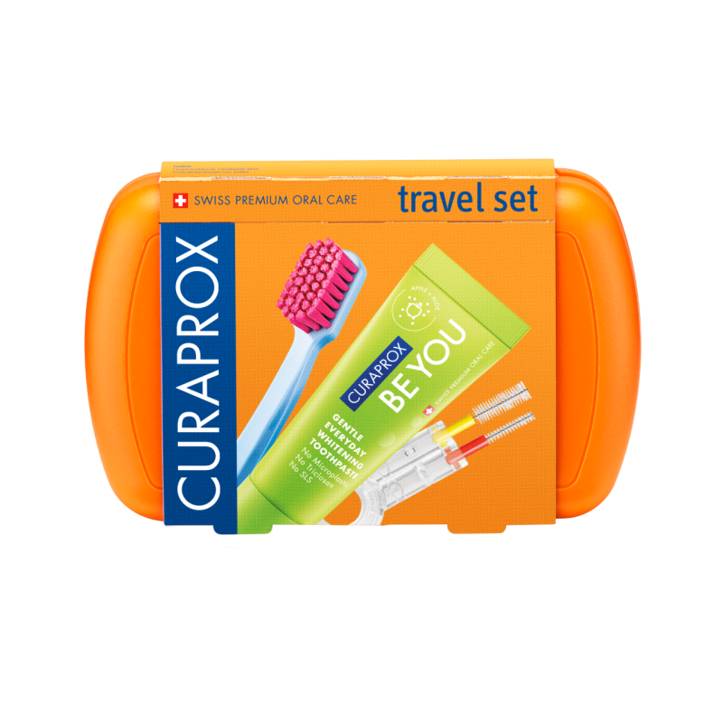 Curaprox TravelSet Utazó készlet narancs új(fogkefe fogközkefe fogkrém)