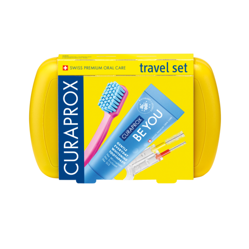 Curaprox TravelSet Utazó készlet sárga új(fogkefe fogközkefe fogkrém)