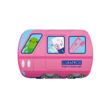 Curaprox Kids TravelSet Utazó készlet pink (fogkefe fogközkefe fogkrém matrica)