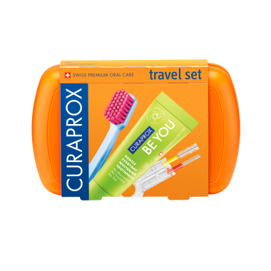 Curaprox TravelSet Utazó készlet narancs új(fogkefe fogközkefe fogkrém)