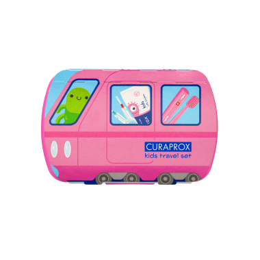 Curaprox Kids TravelSet Utazó készlet pink (fogkefe fogközkefe fogkrém matrica)